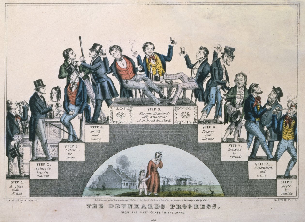 O progresso do bêbado, do primeiro copo ao túmulo, 1848 de Nathaniel Currier