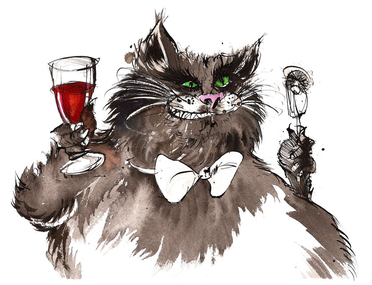 Caráter Behemoth de O Mestre e Margarita por Mikhail Bulgakov (dramaturgo e autor russo, 1891-1940); desenho a tinta de Neale Osborne