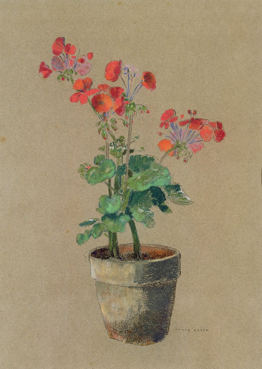 Gerânios em uma panela (pastel) de Odilon Redon