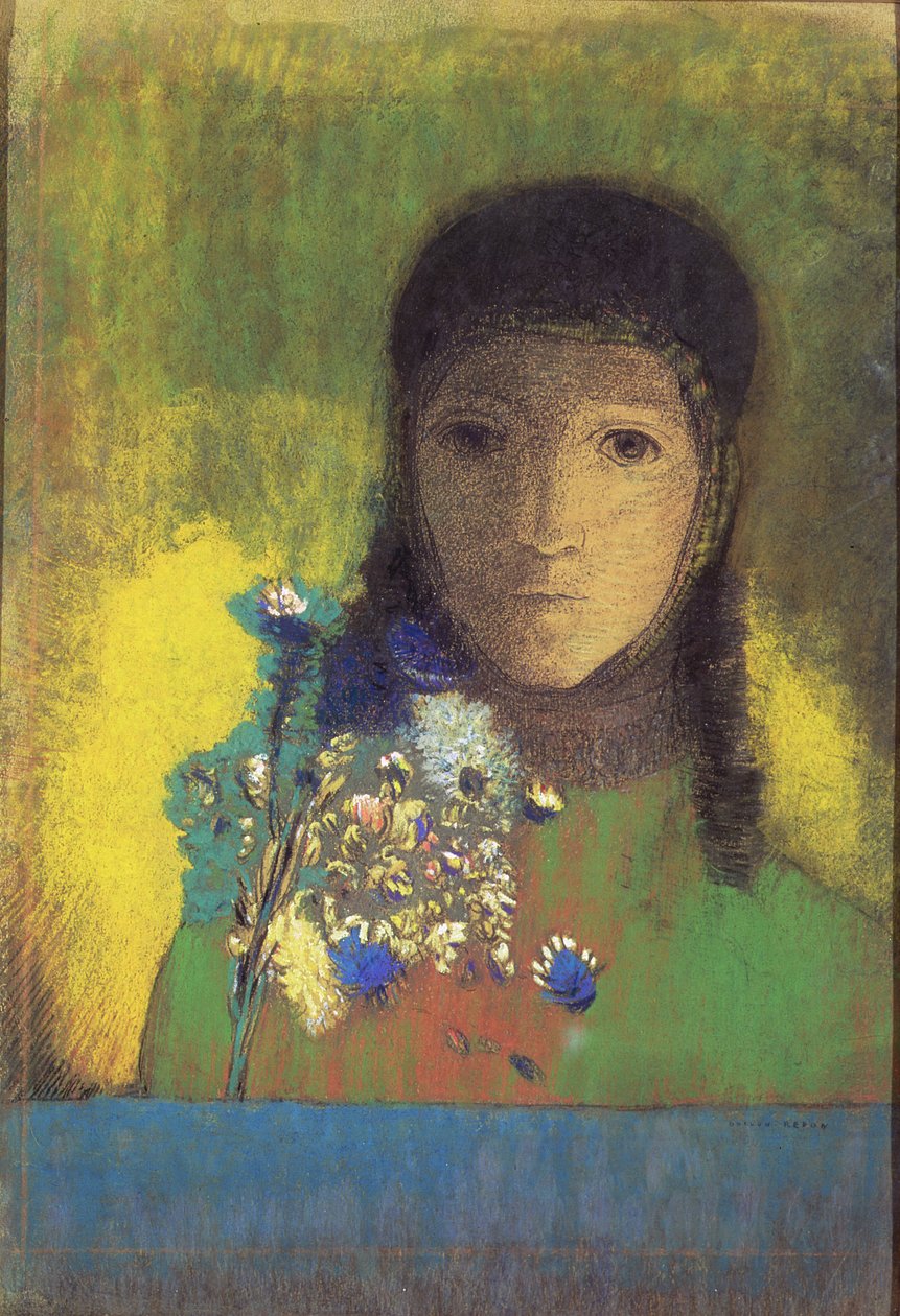 Mulher com flores silvestres, 1895-1900 (pastel, carvão) de Odilon Redon