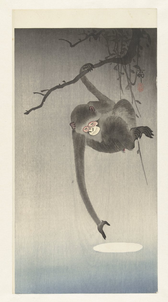 Macaco e reflexo da lua de Ohara Koson