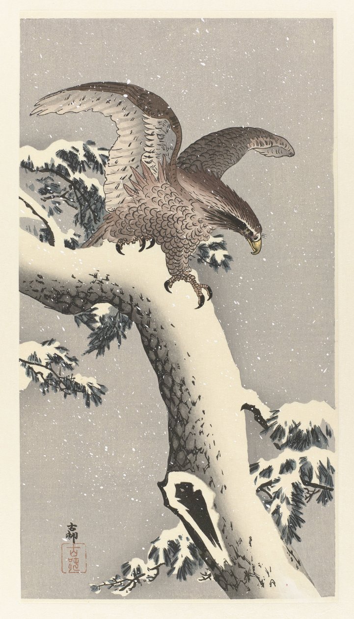 Águia no pinheiro nevado de Ohara Koson