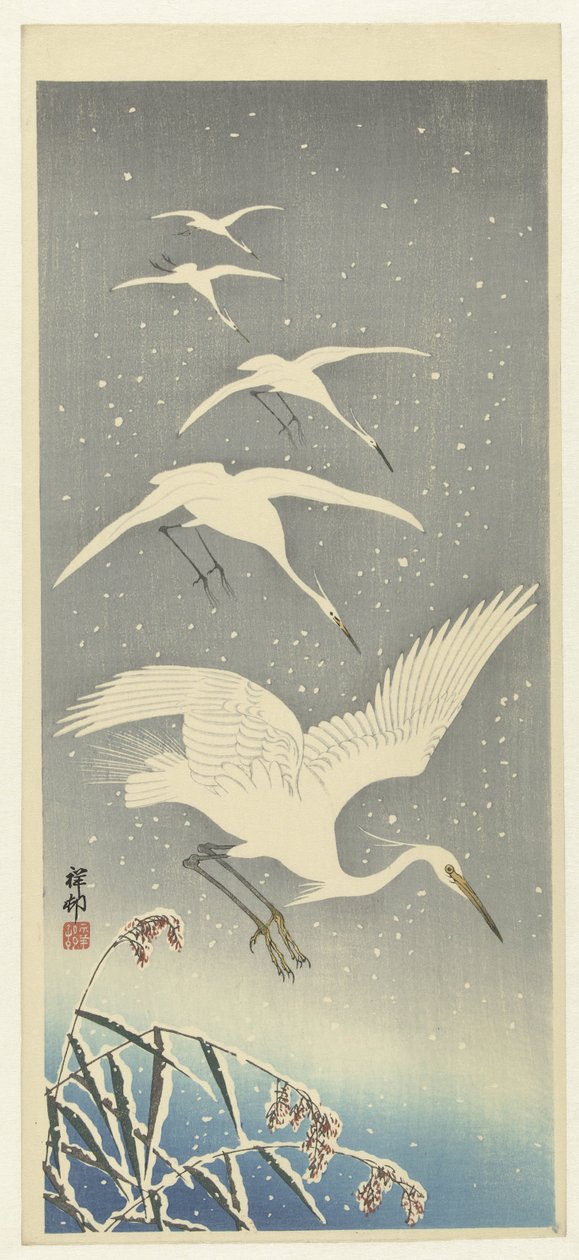 Gretas descendentes na neve de Ohara Koson