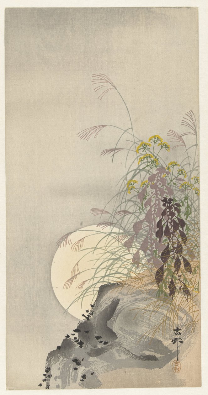 Gramíneas na lua cheia de Ohara Koson