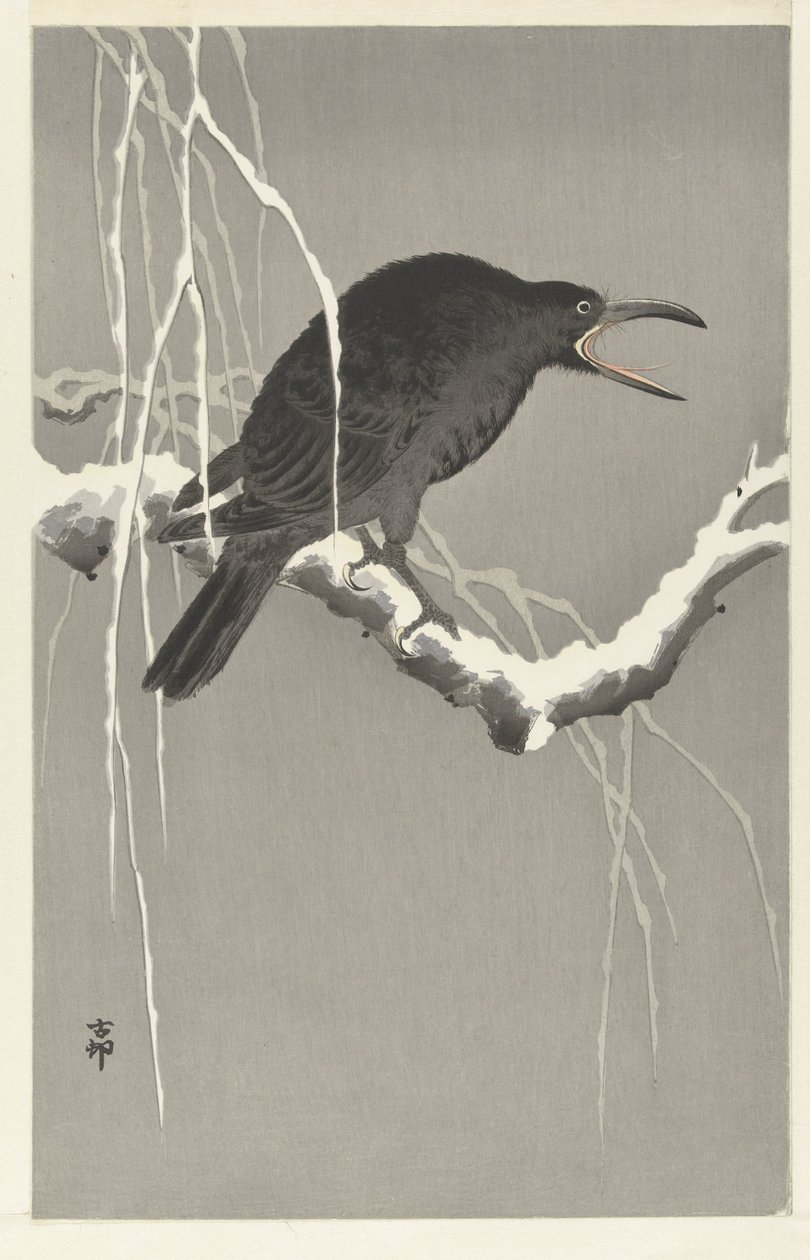 Corvo sobre ramo de árvore com neve de Ohara Koson