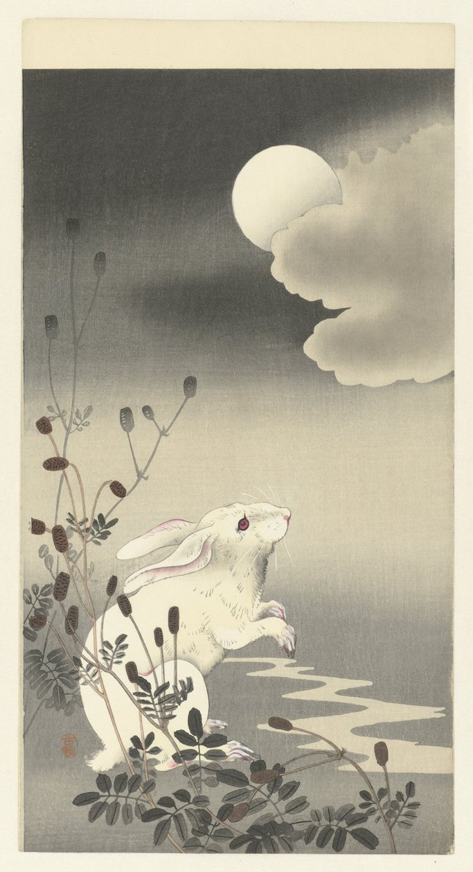 Coelho sob a lua cheia de Ohara Koson