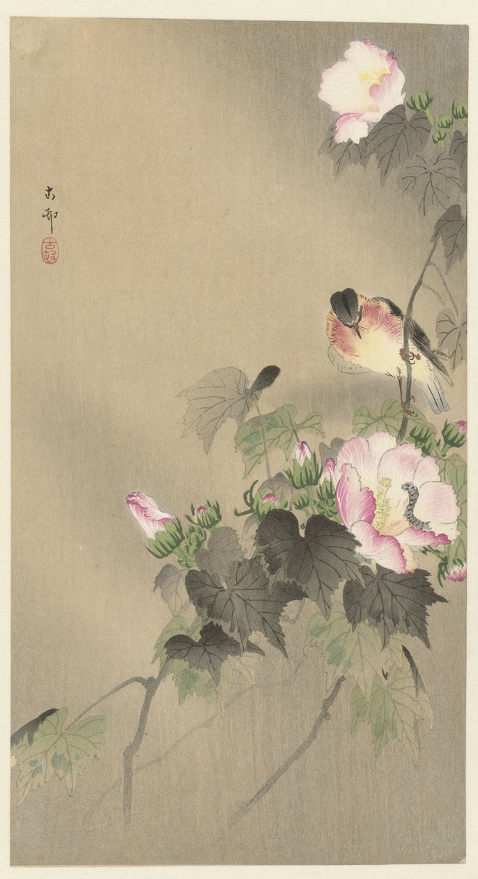 Lagarta e ave de Ohara Koson