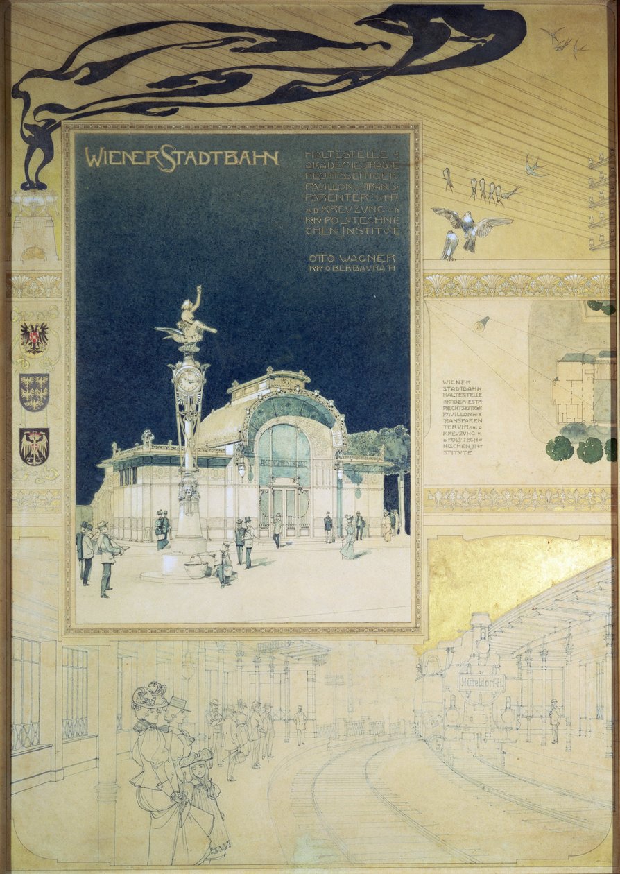 O pavilhão de Stadtbahn da ferrovia subterrânea de Viena, design mostrando o exterior e uma vista da plataforma ferroviária, c.1894-97 (lápis de cor) de Otto Wagner