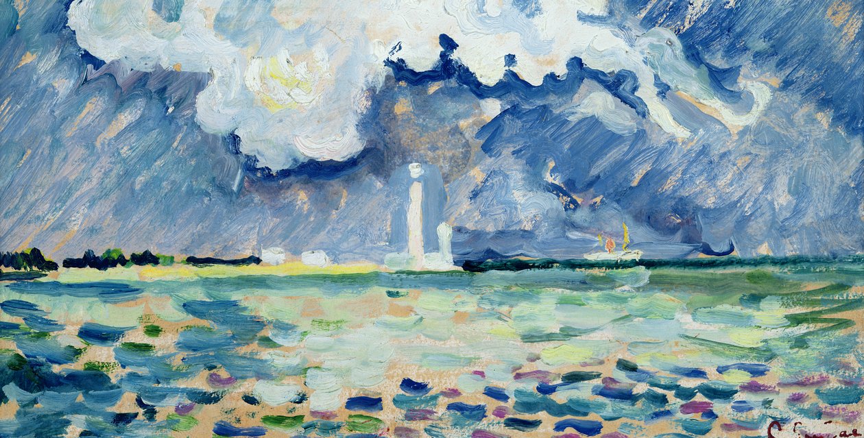 O farol em Gatteville (óleo no cartão) de Paul Signac