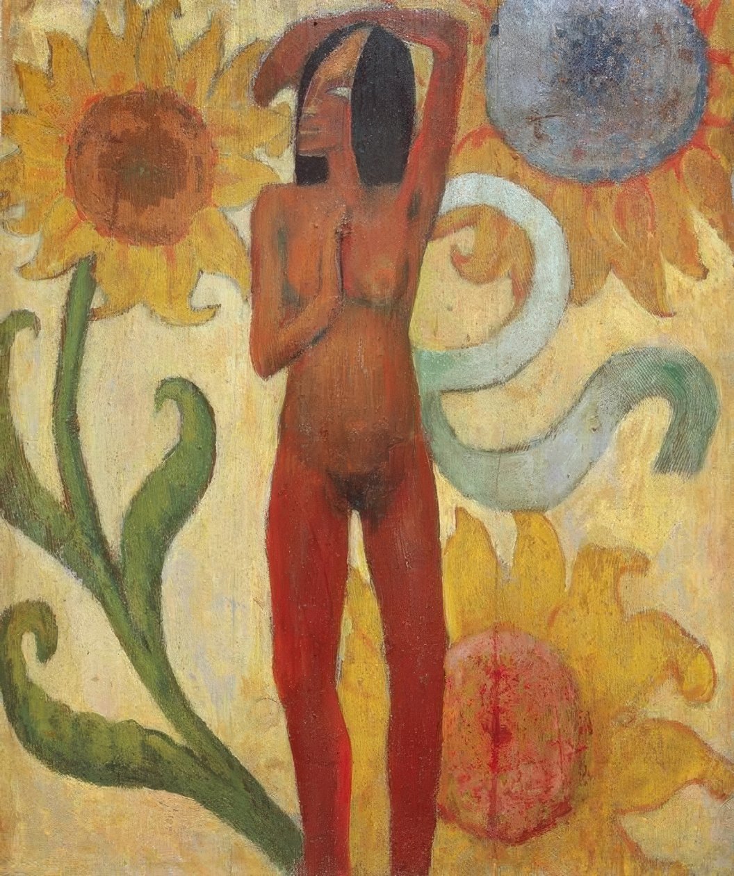 Figura feminina nua com girassóis (ou mulher do Caribe) de Paul Gauguin