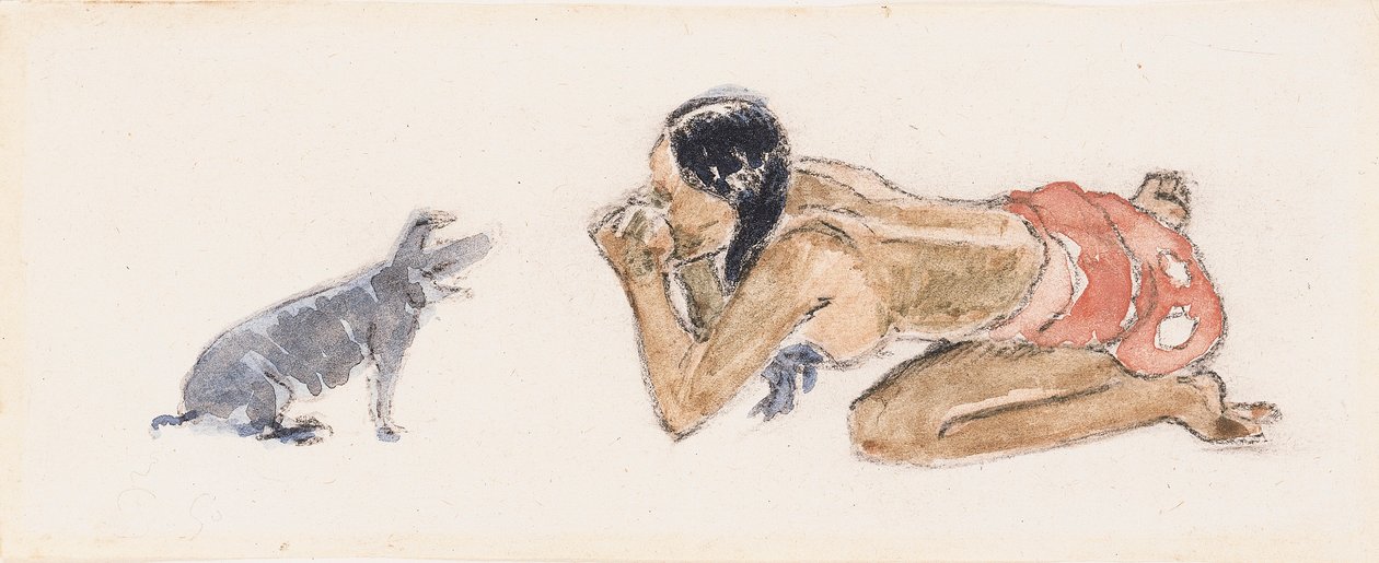 Mulher taitiana com porco de Paul Gauguin