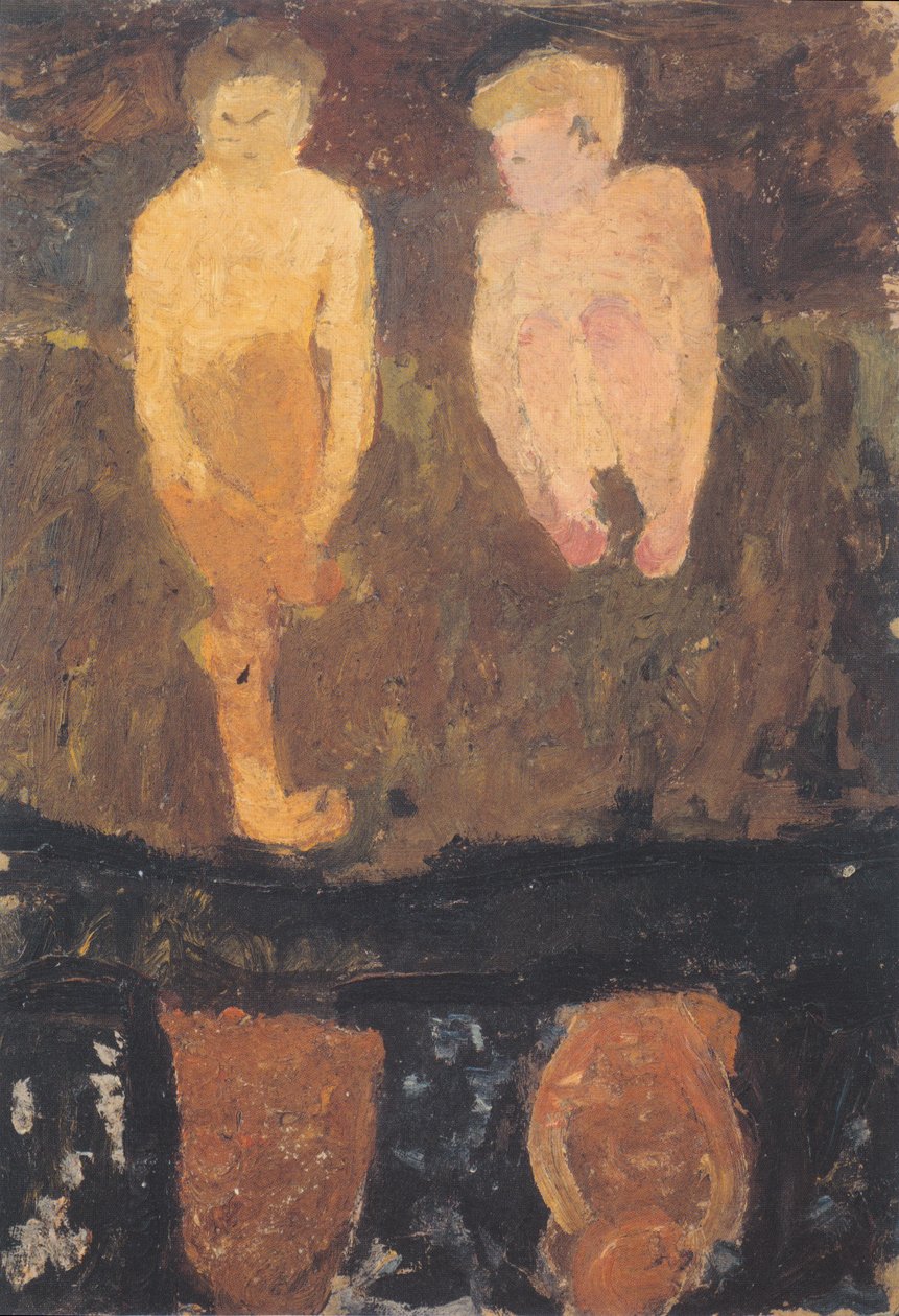 Dois rapazes nus de cócoras na costa II de Paula Modersohn Becker