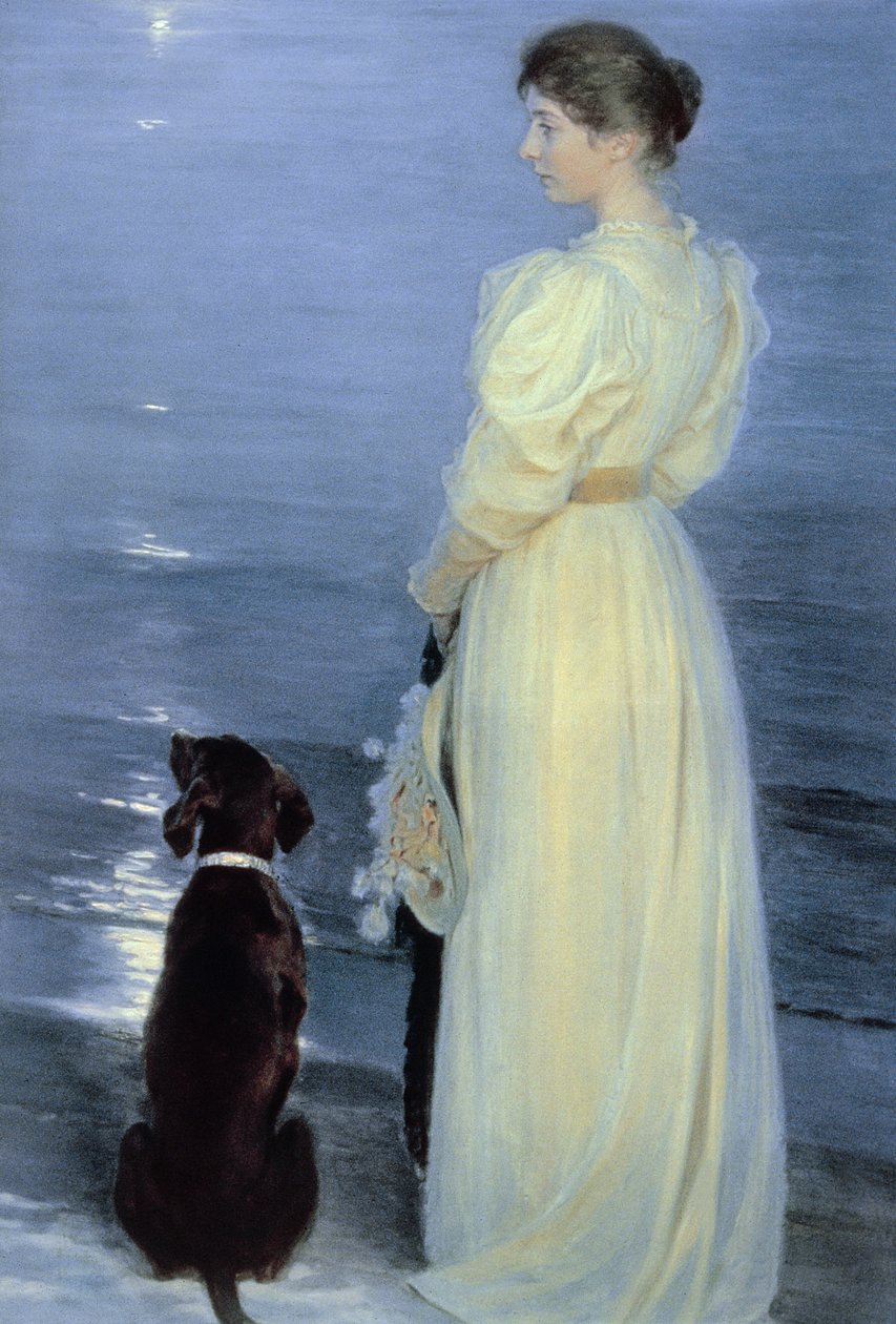 Noite de verão em Skagen, a esposa de artistas com um cachorro na praia, 1892 de Peder Severin Krøyer