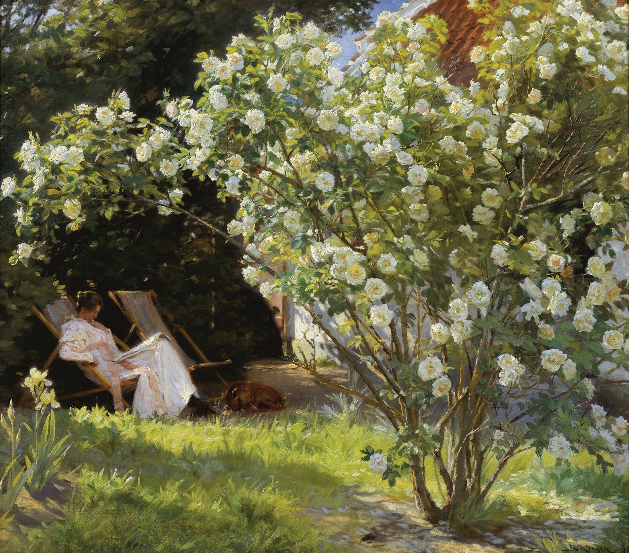 Marie Kroyer sentada na espreguiçadeira no jardim pela casa da Sra. Bendsens de Peder Severin Krøyer