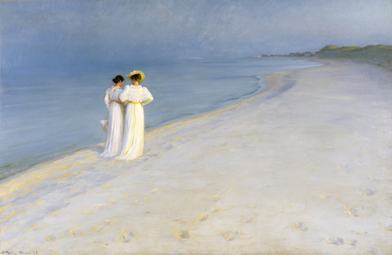 Noite de verão na praia de Skagens. Anna Ancher e Marie Krøyer caminhando juntas. de Peder Severin Krøyer