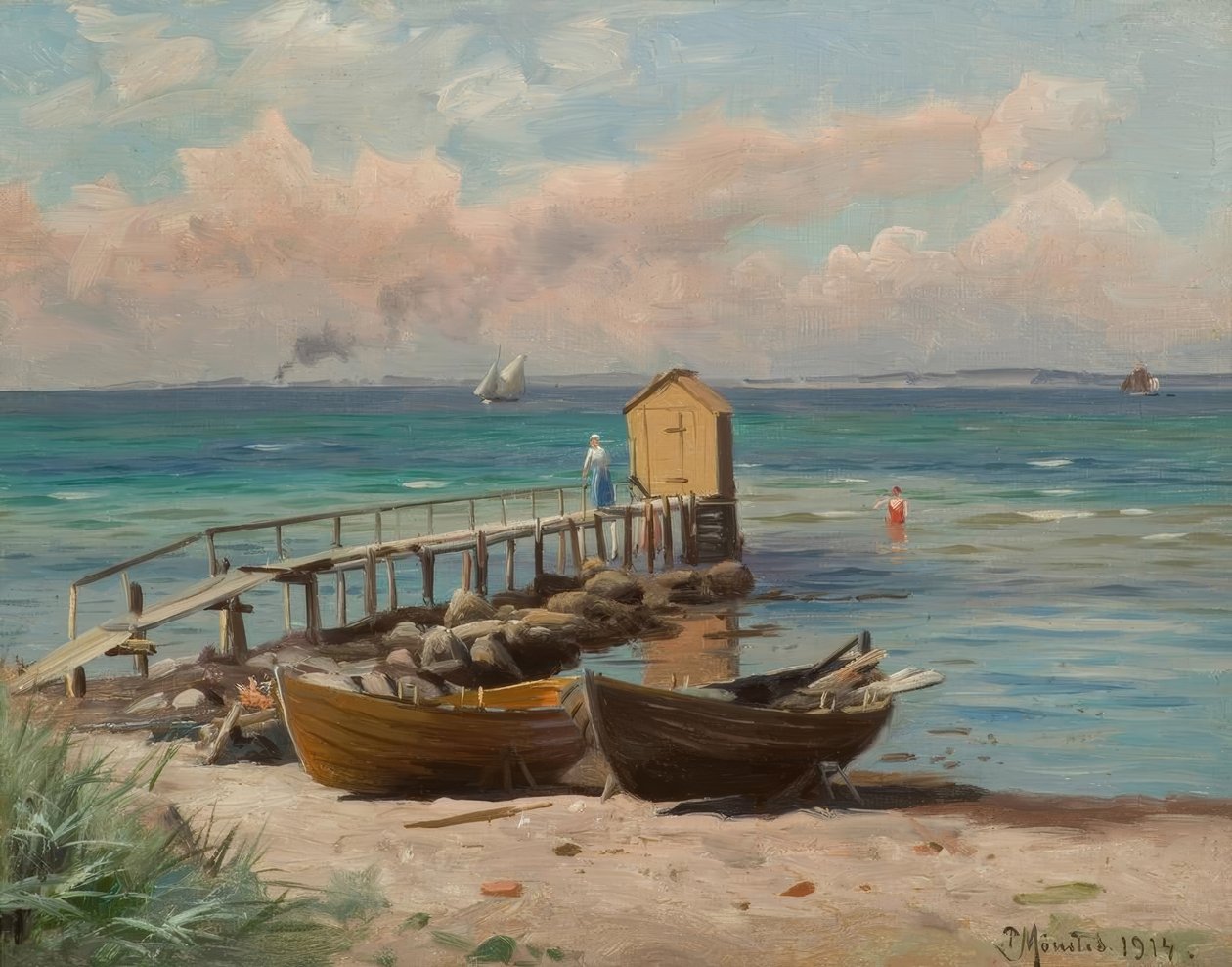 P.Mönsted, Badehäuschen am Strand de Peder Monsted