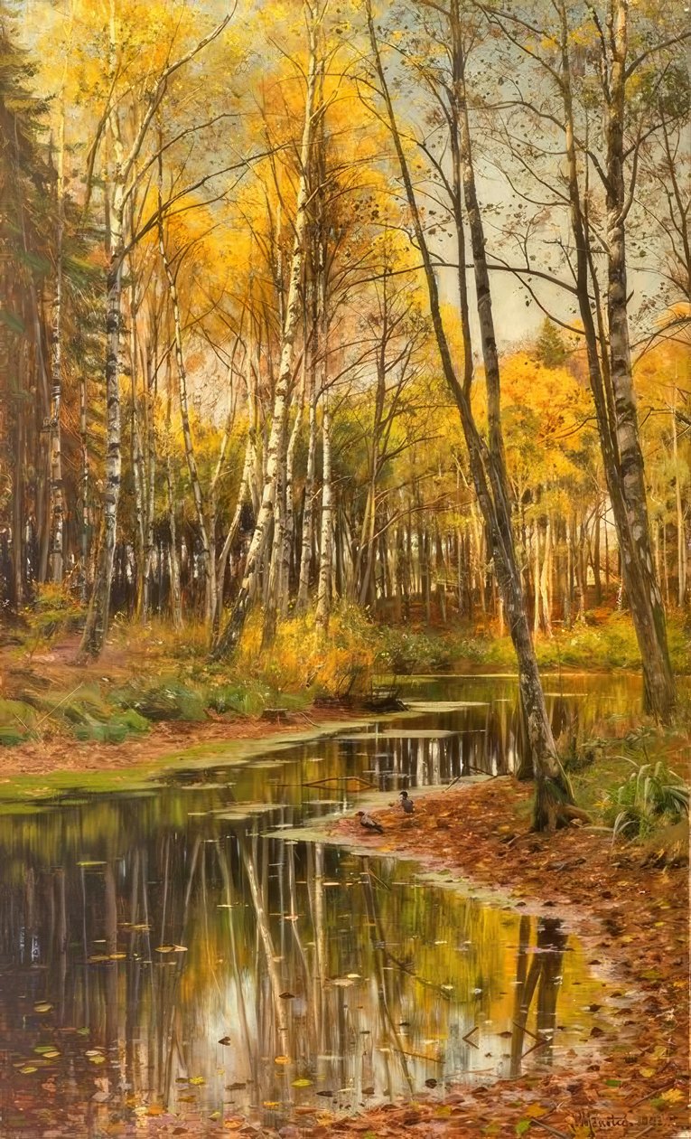 P.Mönsted, floresta de vidoeiro na luz do outono de Peder Monsted