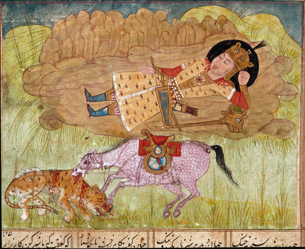 Rostam dormindo, perto de seu cavalo e um leopardo abatido, de um manuscrito do Shahnameh, por Firdawsi de Persian School