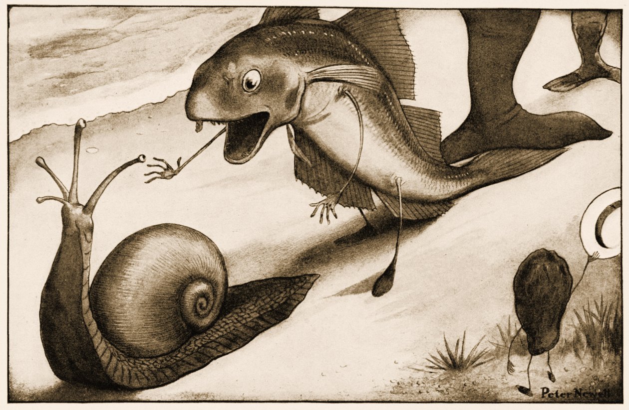 "" Você andará um pouco mais rápido ", Disse Whiting to a Snail", ilustração para Alice&39;s Adventures, no País das Maravilhas de Lewis Carroll, 1901 de Peter Newell