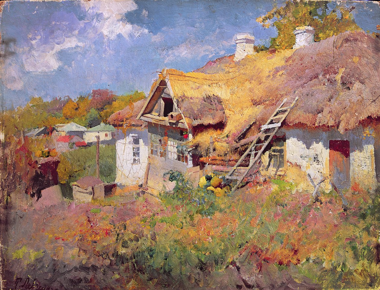 Casas de campo ucranianas, 1906 (óleo no cartão) de Petr Levchenko