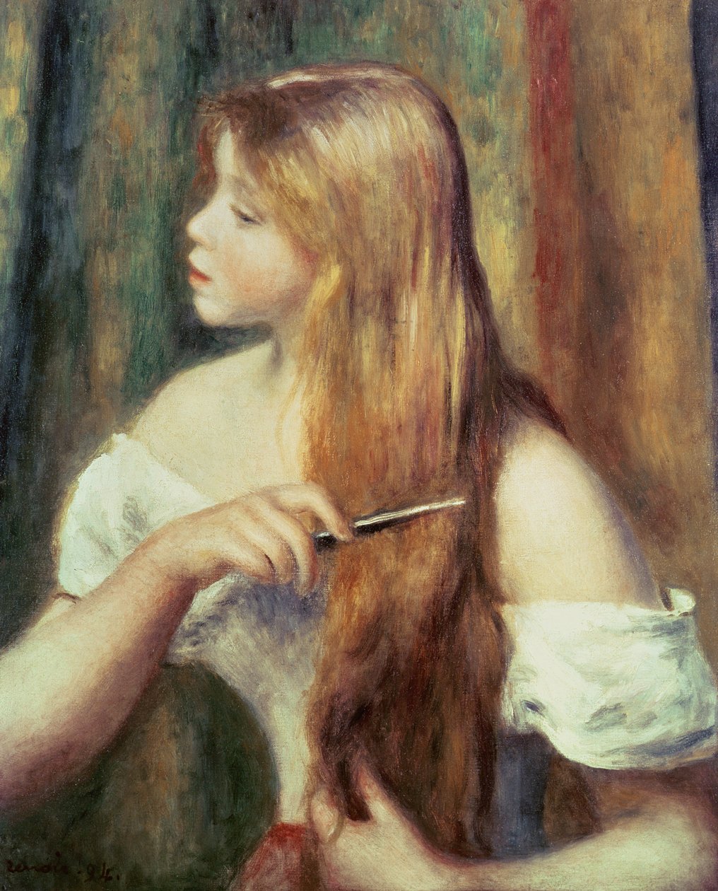 Menina loira penteando o cabelo, 1894 de Pierre Auguste Renoir