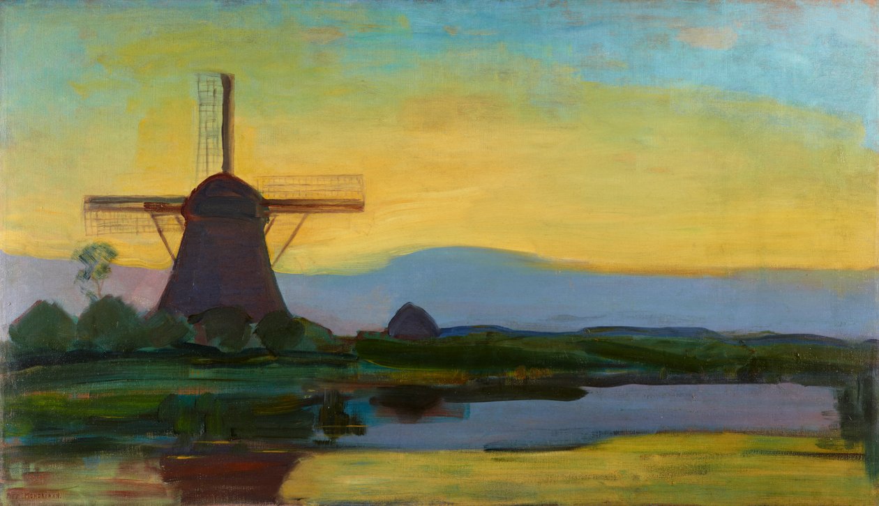 Moinho Oostzijdse com céu estendido azul, amarelo e roxo, c.1907-início de 1908 de Piet Mondrian