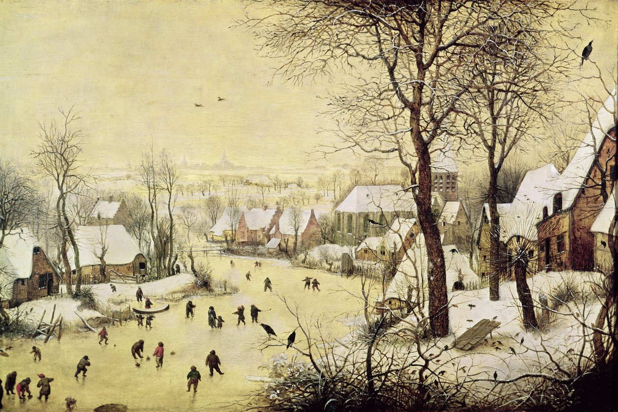 Paisagem de inverno com patinadores e uma armadilha para pássaros, 1565 de Pieter Bruegel the Elder