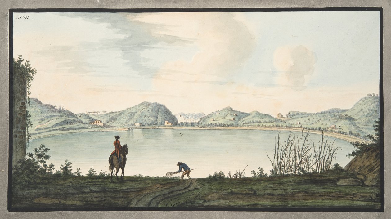 O lago de Agnano, evidentemente a cratera de um antigo vulcão, Placa XVIII, de &39;Campi Phlegraei: observações sobre os vulcões das duas Sicílias&39;, por Sir William Hamilton (1730-1803), publicado 1 de Pietro Fabris