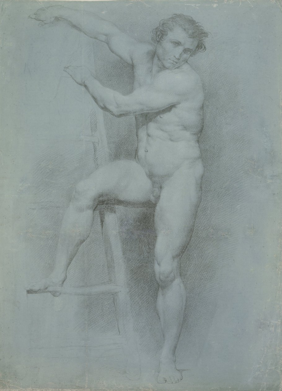 Macho nu inclinando-se em uma escada de Pompeo Girolamo Batoni