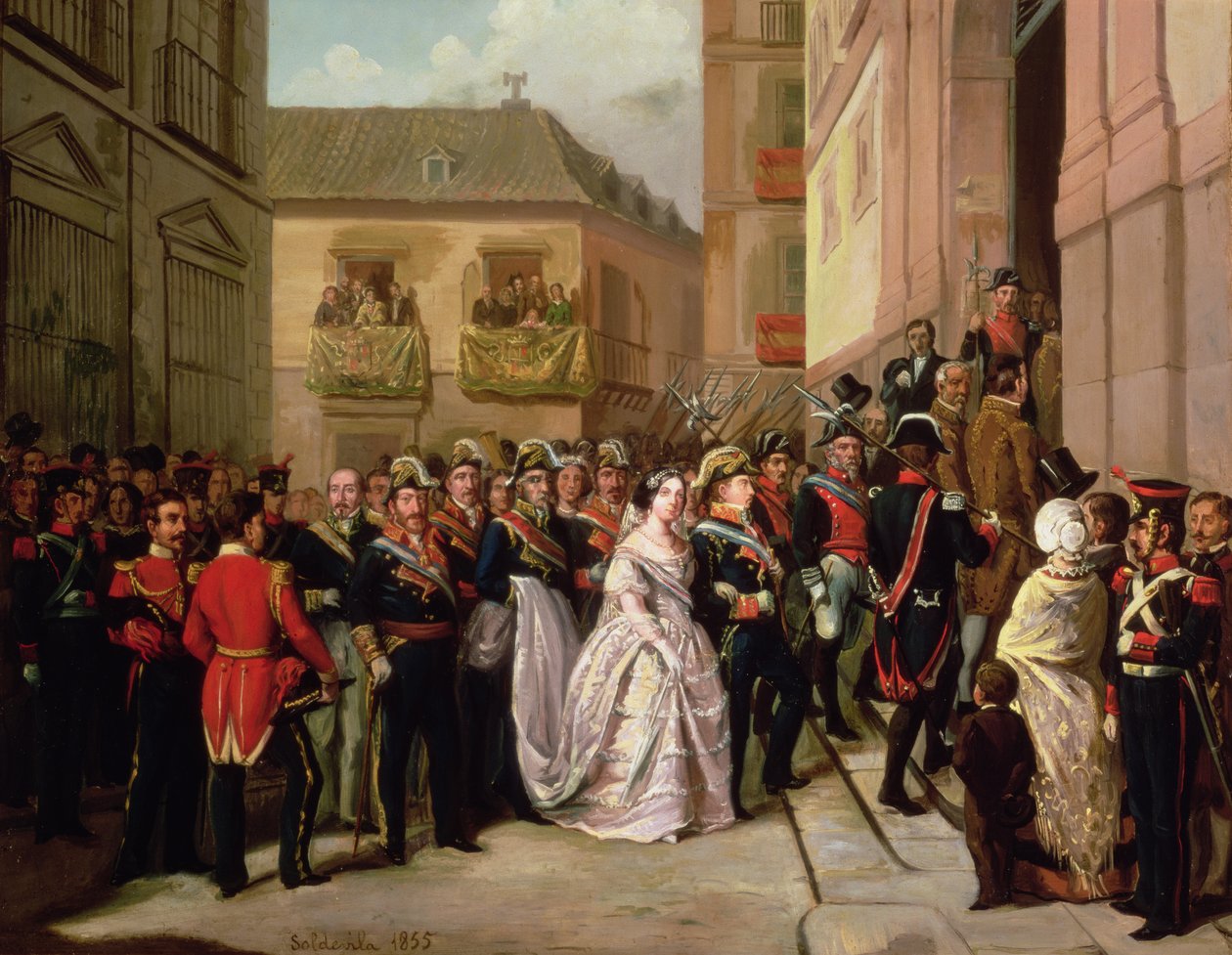 Isabella II de Espanha (1830-1904) e seu esposo Francisco de Assis visitando a Igreja de Santa Maria de Ramon Soldevila Trepat