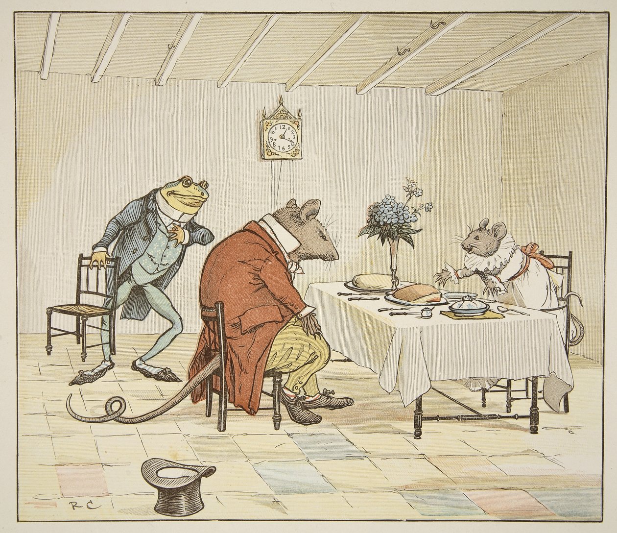 Pray, senhorita Mouse, você vai nos dar um pouco de cerveja, ilustração de "A Frog He Would A Wooing Go", pub. de Frederick Warne und Co. de Randolph Caldecott