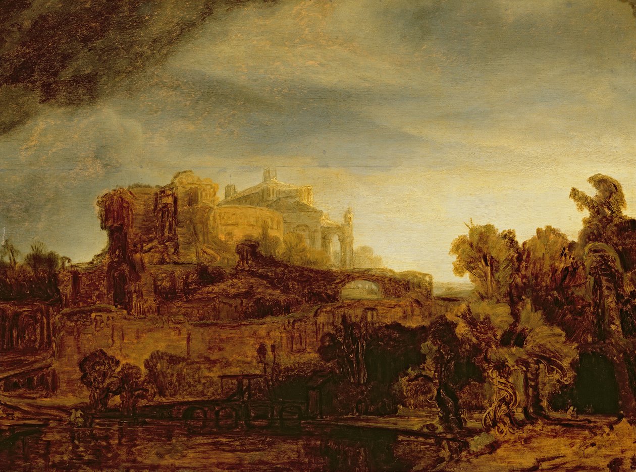Paisagem com um castelo de Rembrandt van Rijn