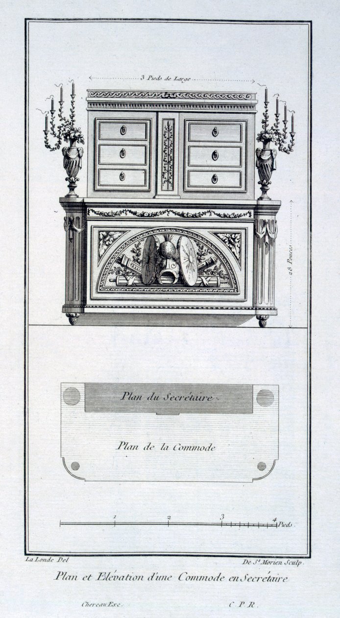 Design para um gabinete de cômoda e secretária, de "Várias obras de Lalonde, decorador e desenhista", publicado em 1780-96 de Richard Lalonde