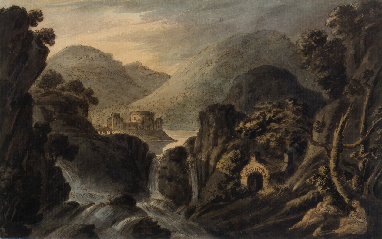 Paisagem clássica com cascata de Robert Adam