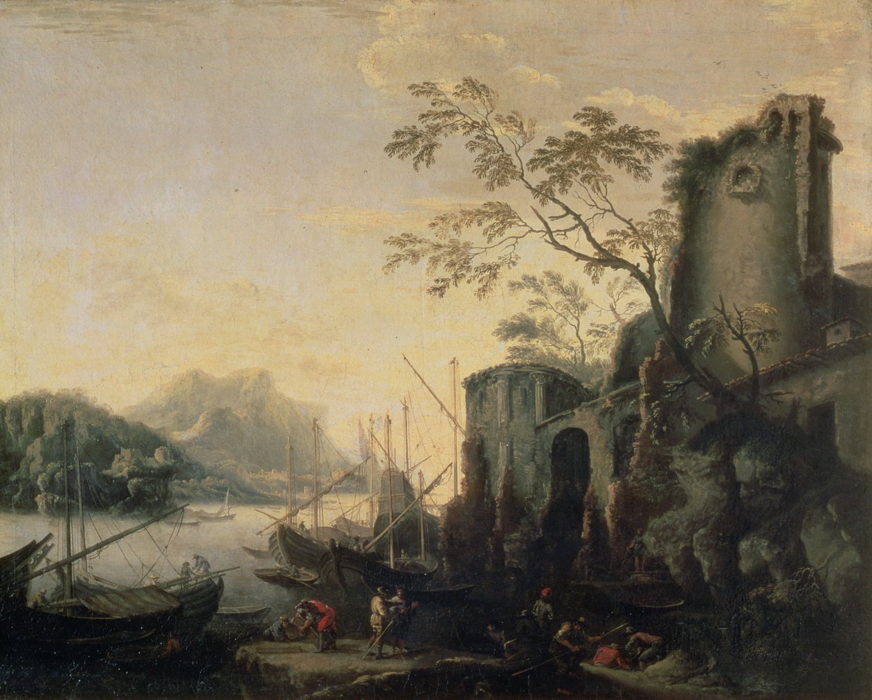 Paisagem do rio com barcos e ruínas de Salvator Rosa