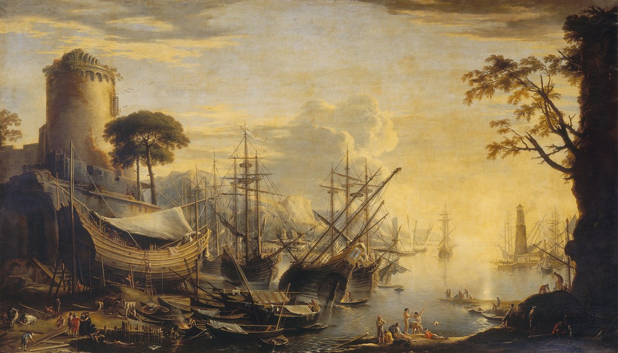 Porto ao pôr do sol de Salvator Rosa