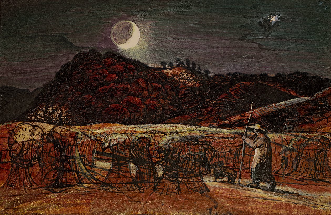 Cornfield by Moonlight, com a Estrela da Tarde, c.1830 (wc e bodycolour com caneta e tinta) de Samuel Palmer
