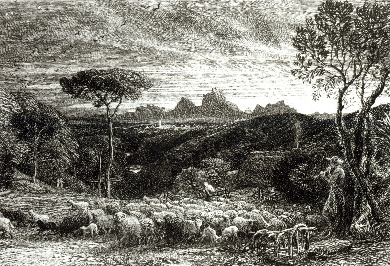 Abrindo a dobra, manhã cedo, 1880 de Samuel Palmer