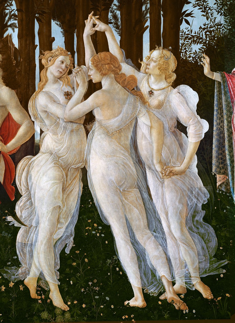 Primavera, detalhe das Três Graças, 1478 têmpera no painel de Sandro Botticelli