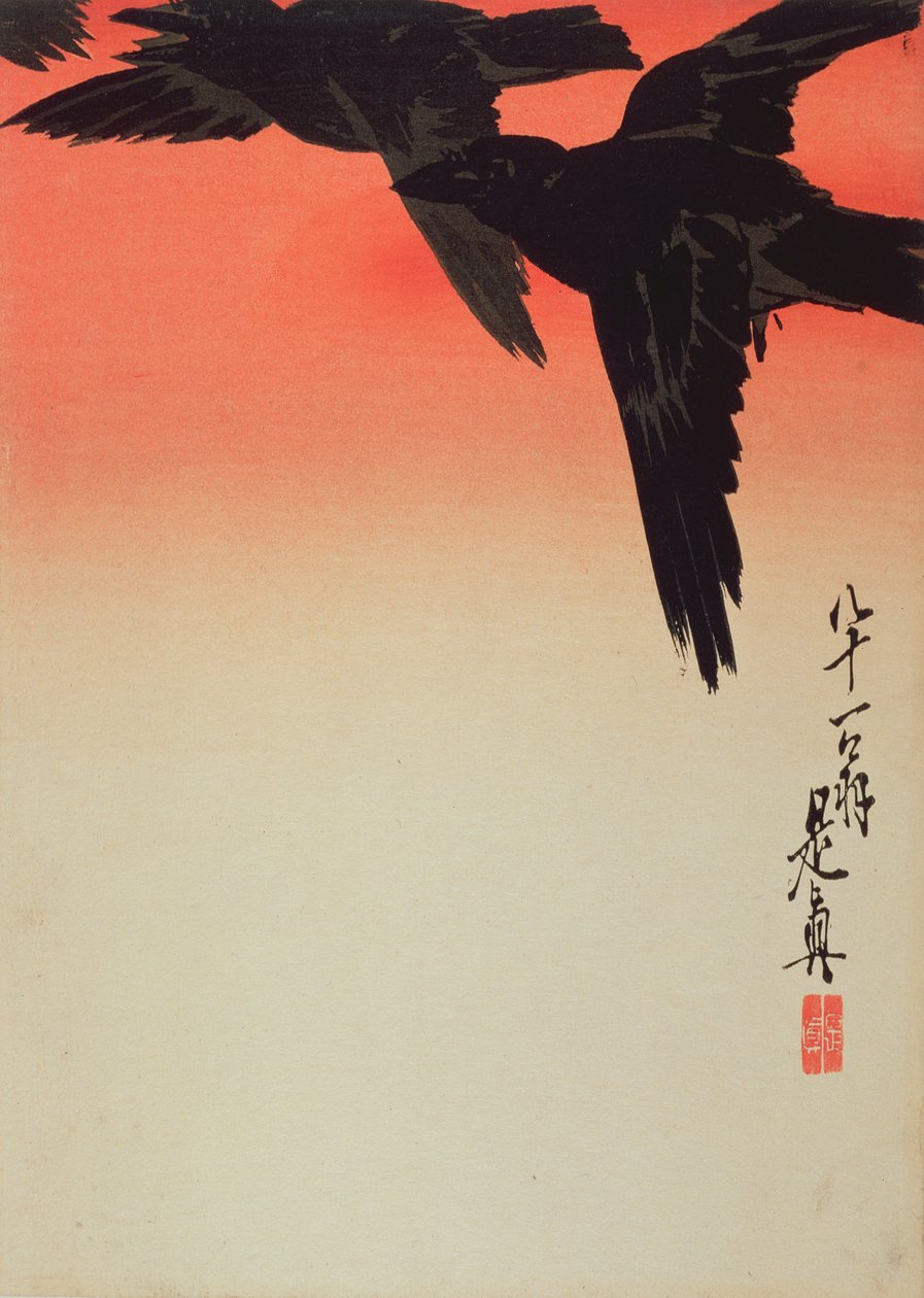 Corvos em vôo ao nascer do sol, 1888 (impressão de woodblock de cor) de Shibata Zeshin