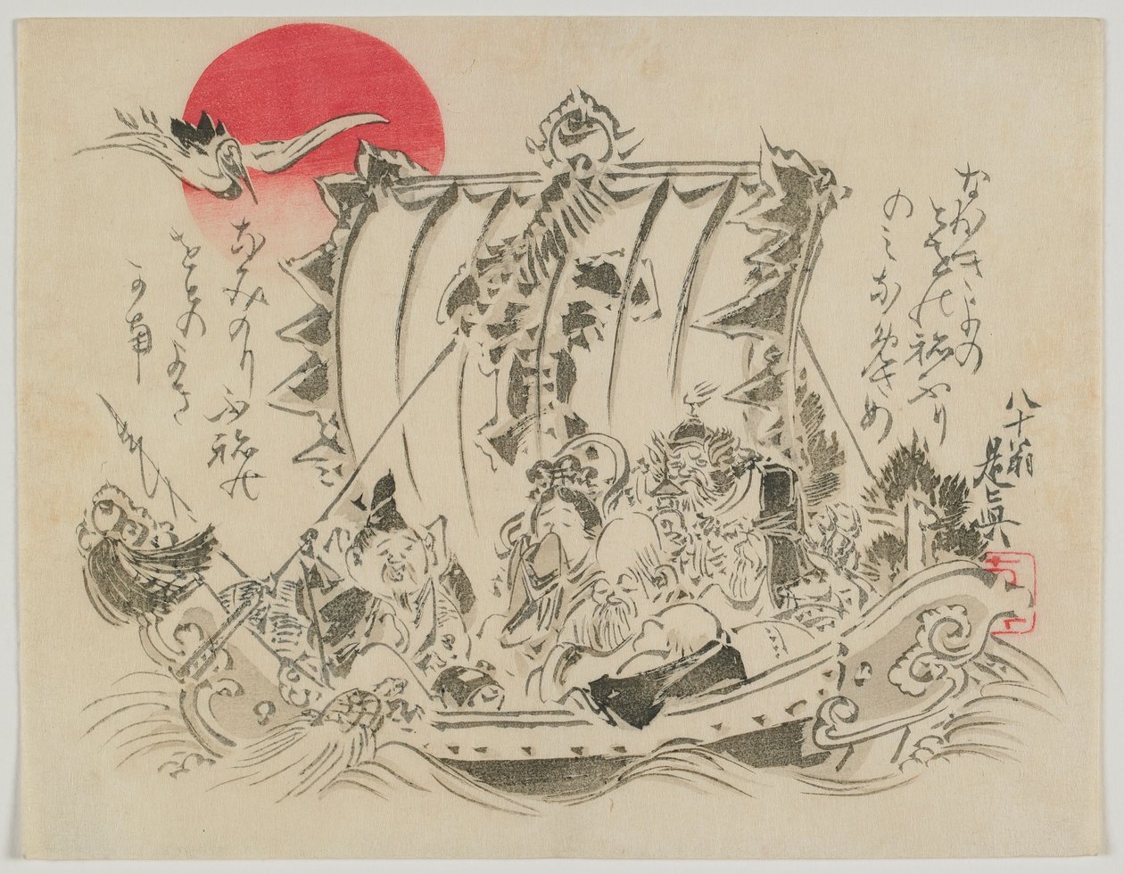 Sete deuses da fortuna em um navio do tesouro, era Meiji, final do século 19 (impressão em xilogravura de cor) de Shibata Zeshin