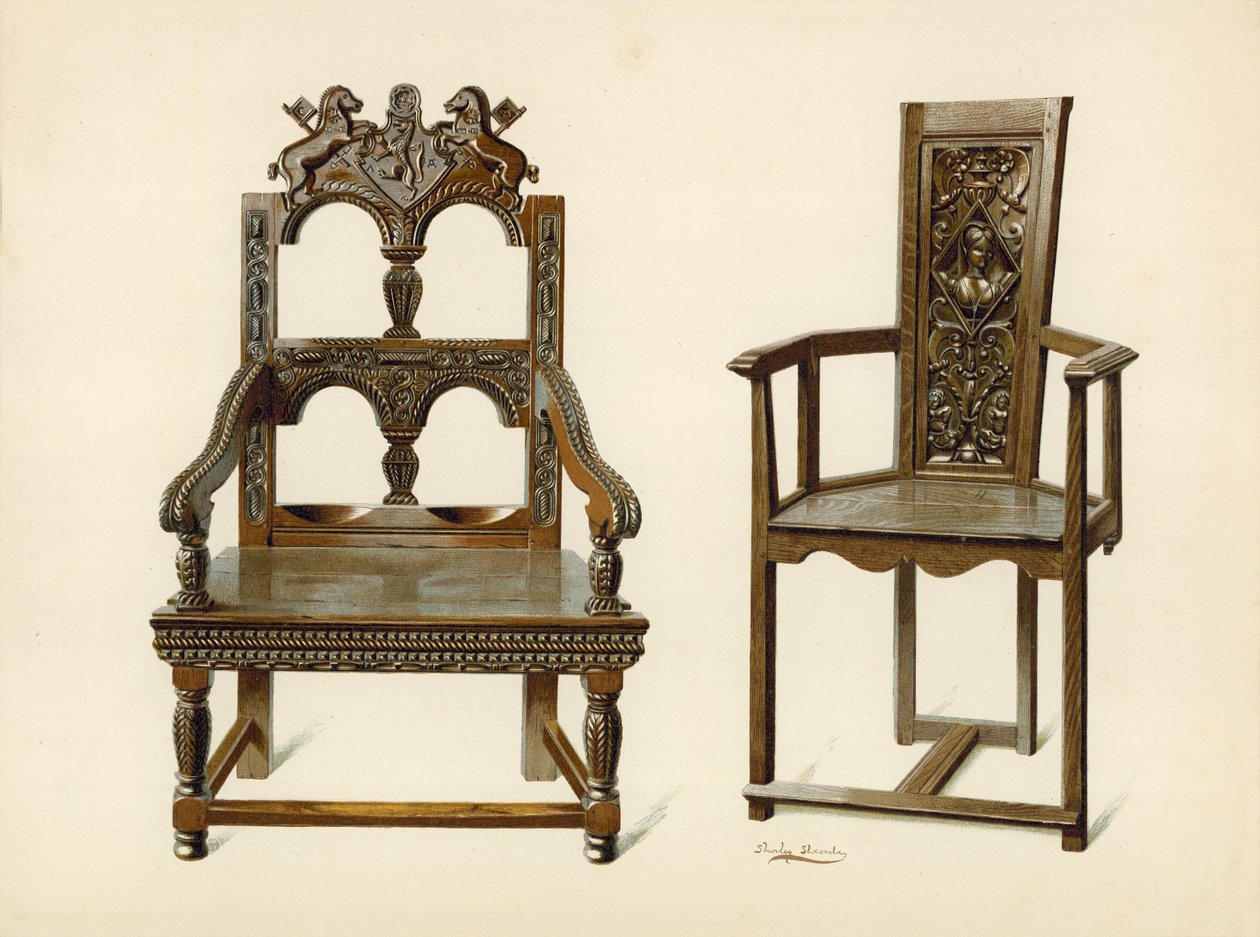 Oak Cacqueteuse Chair, propriedade de Percy Macquoid; Yew Chair, propriedade do Duque de Leeds (chromolitho) de Shirley Charles Llewellyn Slocombe