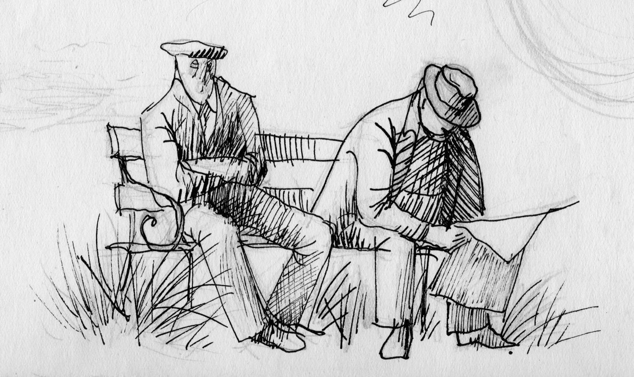 Dois homens em um banco, c1950. de Shirley Markham