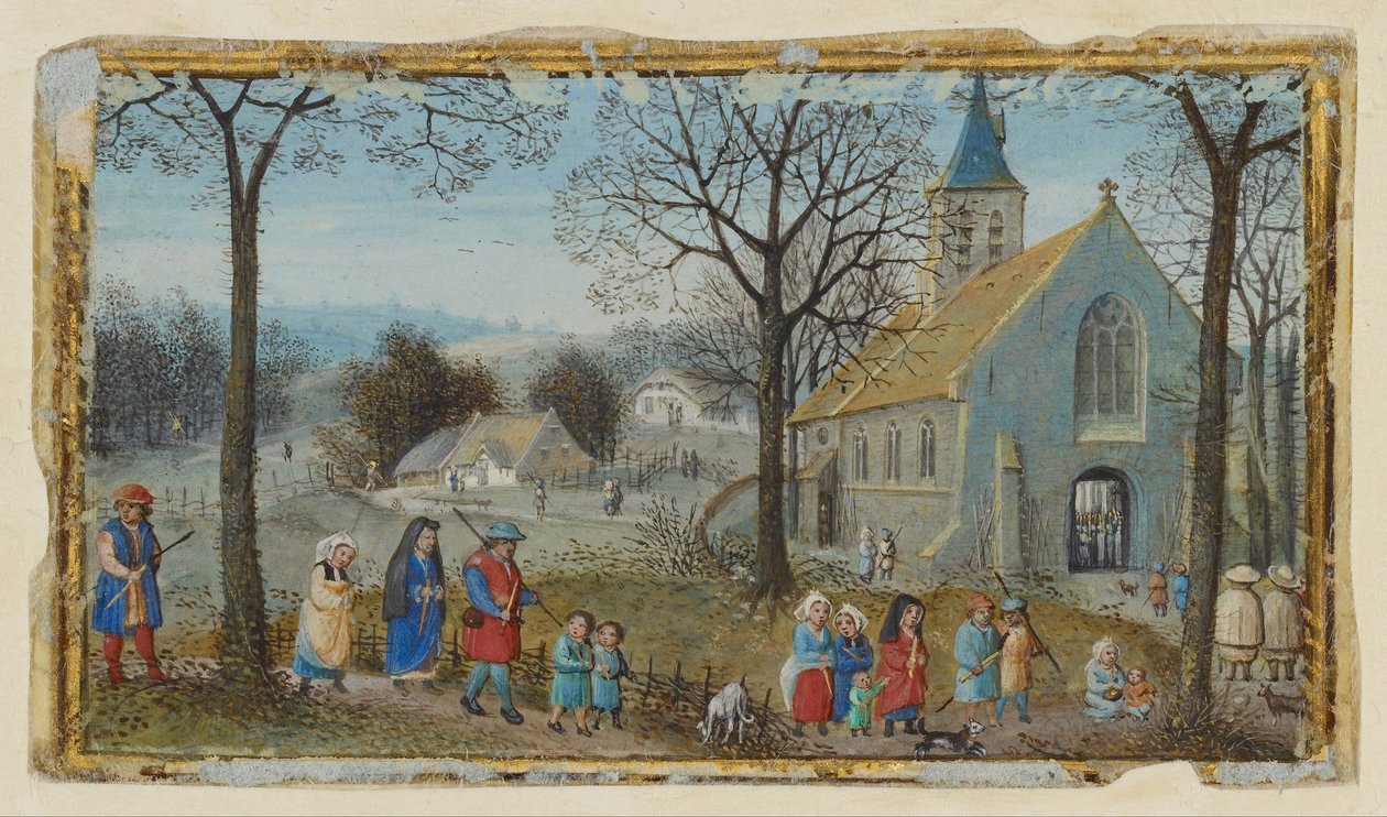 Aldeões a caminho da Igreja de Simon Bening
