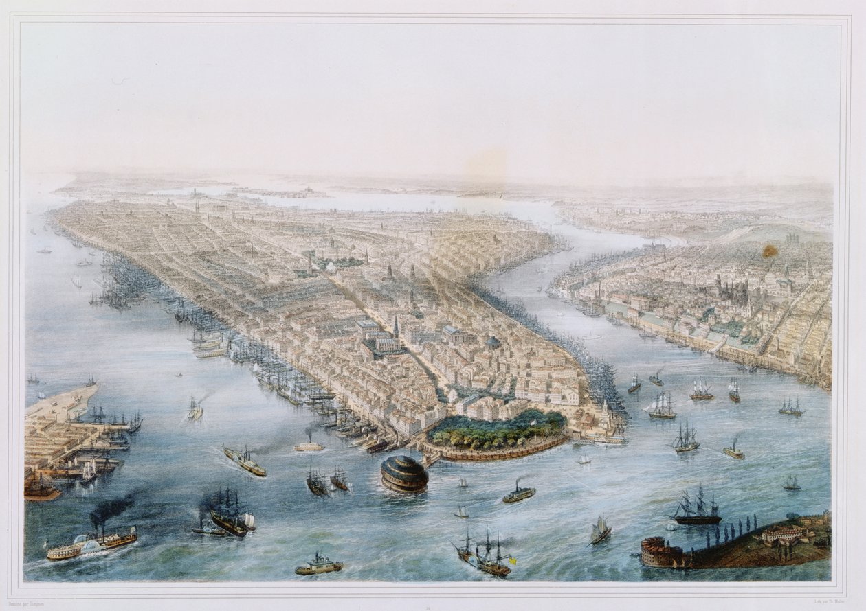 Vista aérea de Nova York e Brooklyn, gravada por TH Muller, publicado por L. Turgis, Paris, c.1850 de Simpson