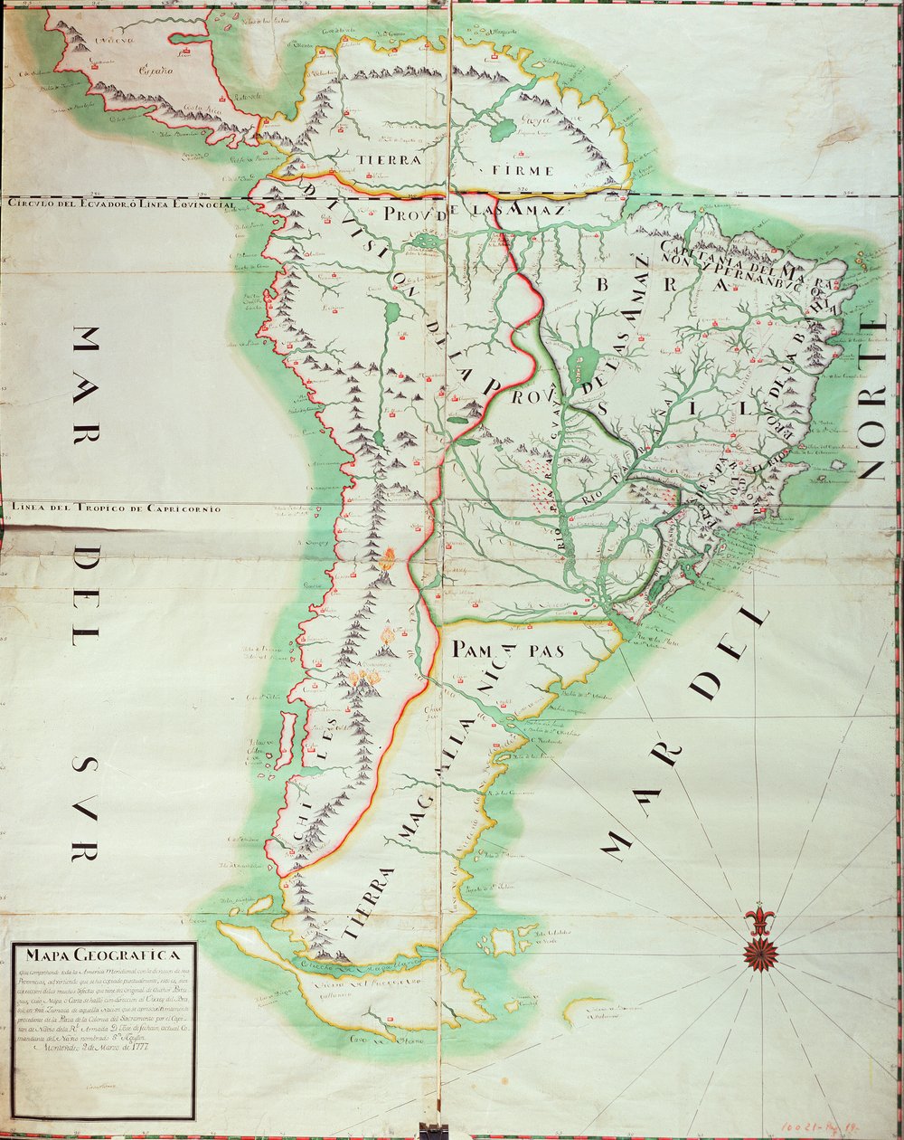 Mapa da América do Sul, 1777 (wc, guache e caneta e tinta sobre papel) de Spanish School