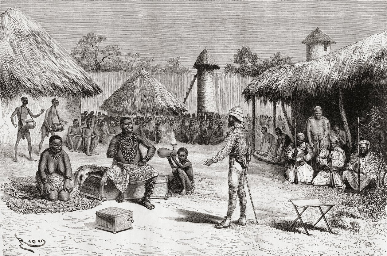 Recepção para o explorador Pietro Paolo Savorgnan di Brazza na casa do Chefe Ketimkuru, Uemba, África Central, de &39;Africa Pintoresca&39;, publicado em 1888 de Spanish School