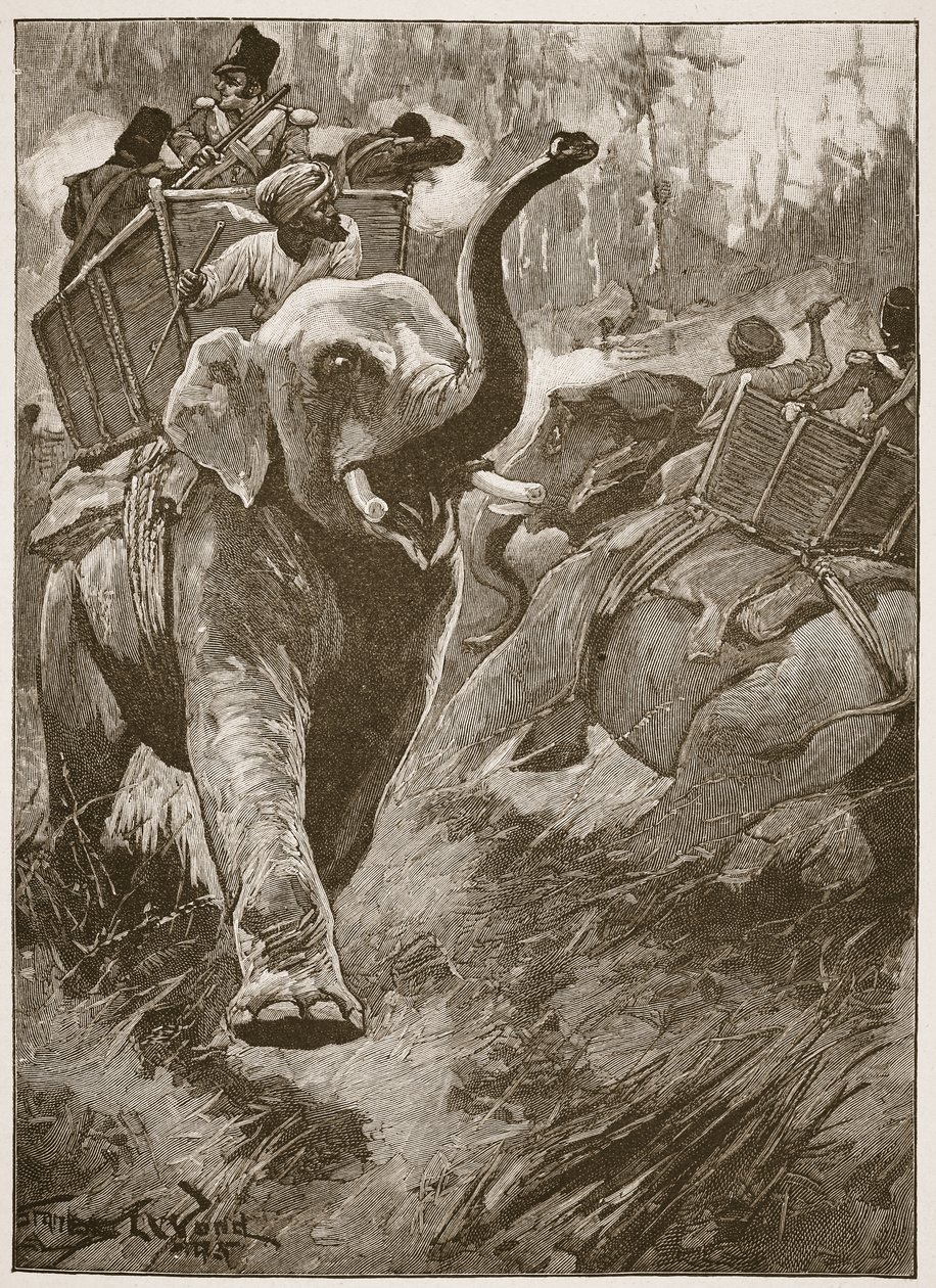 Os elefantes assustados voltaram correndo pela floresta, ilustração de "Batalhas do século XIX", de Archibald Forbes, GA Henty e Major Arthur Griffiths. de Stanley L. Wood