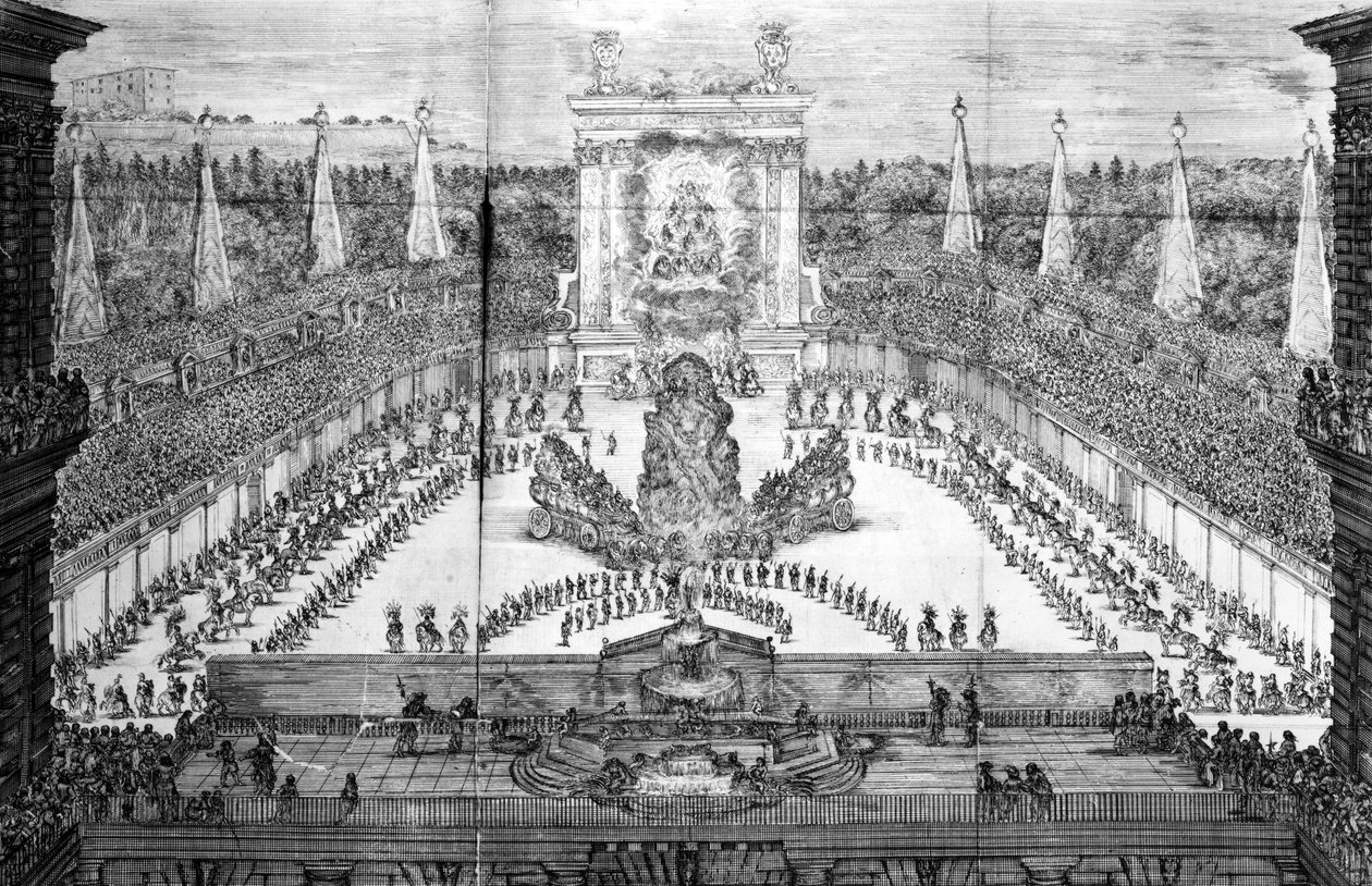 Uma performance de &39;Ercole in Tebe&39; nos Jardins de Boboli, parte das celebrações do casamento de Duke Cosimo III e Marguerite Louise d&39;Orleans, 1661 de Stefano della Bella