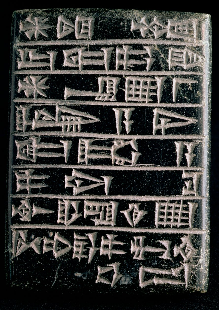 Tabuinha de fundação comemorativa da restauração do templo de Ningirsu construído por Gudea, Príncipe de Lagash, Mesopotâmico, c.2150 aC (esteatita) de Sumerian